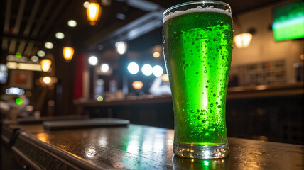 Green beer glass on a bar counter in a pub