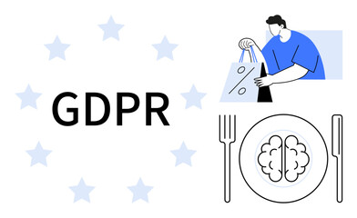 GDPR text surrounded by stars, person holding shopping bags, and brain on a plate between utensils. Ideal for data privacy, regulation, security, ethics, e-commerce tech law and compliance. Line