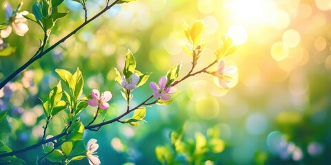 Obraz premium Tree with green leaves and pink flowers