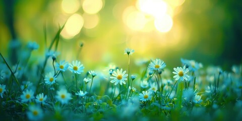 Obraz premium Field of blue flowers with yellow centers