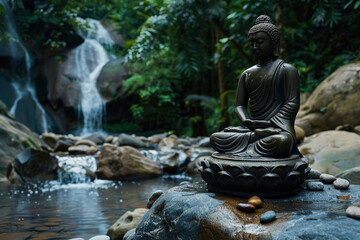 Beautiful greeting card with ancient statue great Buddha to bright holiday composition