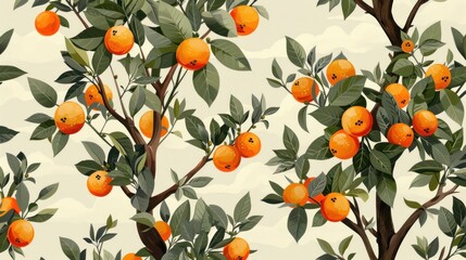 Lush orange trees with ripe fruit and vibrant green leaves against a creamy background, creating a seamless pattern.