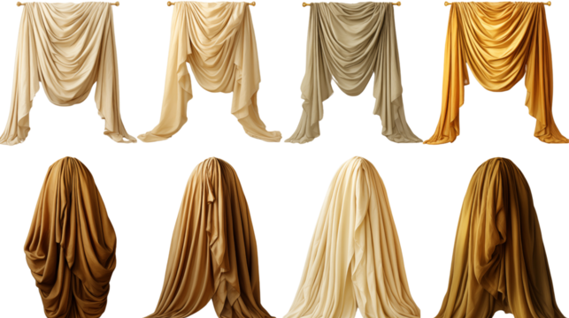 Modern space with curtains and furniture highlighted by architectural elements, creating a refined atmosphere, isolated on transparent background.