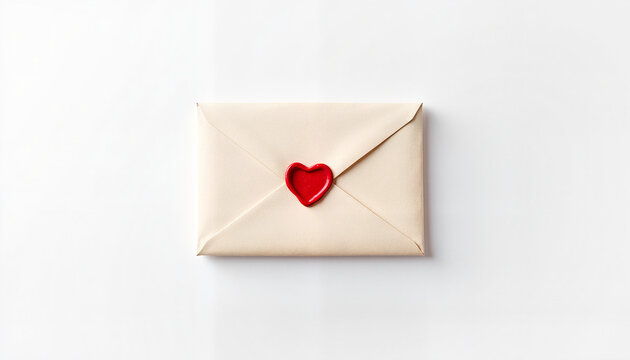 Sealed envelope with red heart wax stamp on white background