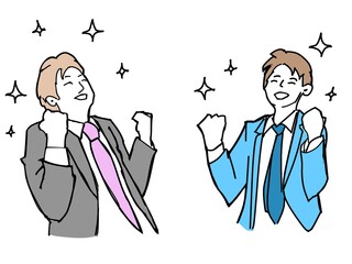 喜ぶ2人のスーツの男性