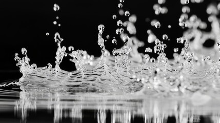 5.A dynamic close-up of multiple droplets splashing onto a reflective water surface, each drop forming unique ripple patterns. The contrast between the stillness of the water and the energy of the