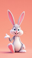 Fototapeta premium A bunny poses in a comical sitting position with one leg stretched out, cute animal, sitting bunny, whimsical scene, cartoon character, funny position