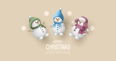 A festive minimalistic composition with cute snowmen in hats and knitted scarves. Beautiful festive background with Christmas toys