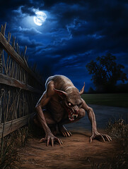 Chupacabra crouched near farm fence under moonlight, showcasing its menacing features in dark, eerie landscape. scene evokes sense of fear and mystery