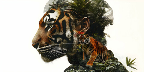 A double exposure image blending a tiger with a human face, symbolizing nature and identity.