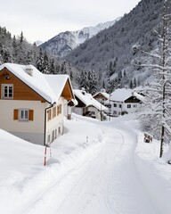 Fototapeta premium A serene winter landscape featuring snow-covered houses along a winding road, surrounded by majestic mountains and frosty trees.