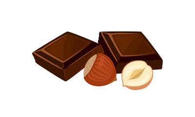 Pieces of dark chocolate bar and hazelnut. Vector cartoon flat illustration. Sweets icon.