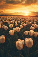 Obraz premium Field of White Tulips at Sunset