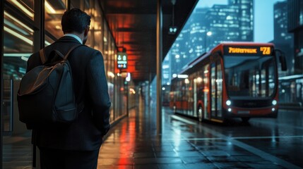 Fototapeta premium Businessman Commuting with Backpack at Bus Station