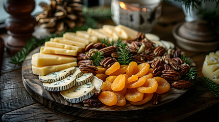 Gourmet Cheese, Dried Apricots, and Pecans on Wooden Board - Food Photography