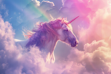 Fototapeta premium Fantastically mythological pink unicorn with big long horn