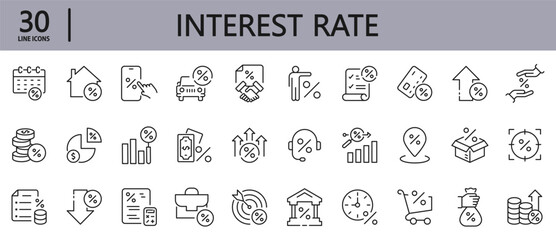 Loan Interest rate line icons set with Rate, Tax, Credit, Bank, Payment, Bill, Price and more. Editable Stroke