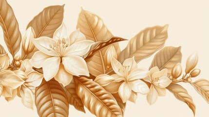 Golden coffee blossoms and leaves border.