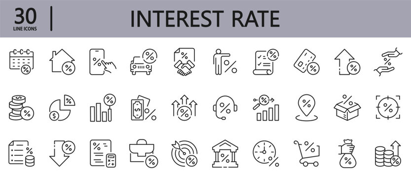 Loan Interest rate line icons set with Rate, Tax, Credit, Bank, Payment, Bill, Price and more. Editable Stroke