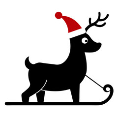 Reindeer with a Christmas hat pulling a sleigh