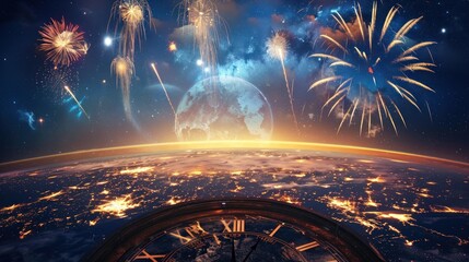 Festive New Year's Eve fireworks exploding over a futuristic Earth, viewed from a clock.