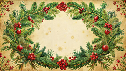 Fototapeta premium Christmas wreath with holly berries and pinecones