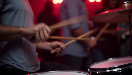 Naklejka premium a close-up of a drummer's hand playing music at a lively party. The focus should be on the hand gripping the drumstick