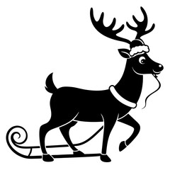Reindeer with a Christmas hat pulling a sleigh