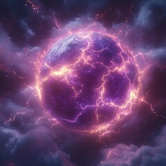 Obraz premium Stunning lightning display illuminating glowing purple sphere within dark cloud formations picture