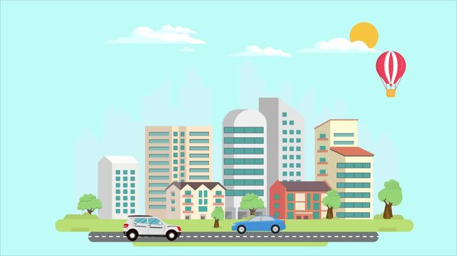 City flat landscape background. Urban seamless scenery. Abstract city street with houses, trees and cars animation video
