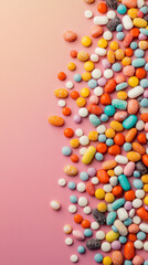 Obraz premium Food sweet snack junk diet concept. Colorful candy spread on a pink background