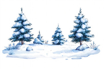 A serene winter landscape featuring snow-covered trees and a tranquil atmosphere. On white background