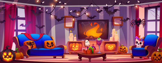 Room interior in house for Halloween party vector. Magic indoor castle decoration with scary candy on table, pumpkin, potion, spider and bat. Cozy holiday furniture and autumn decor for celebration