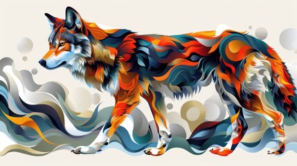 Abstract colorful wolf walking on wavy background.