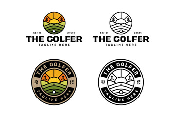 golf course with ball, tree, sunset line art illustration logo design. golf field with ball, pine, sunburst circle badge logo design set for golfer, golf sport, golf tournament and golf club