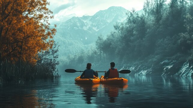 Couple together kayaking on the river