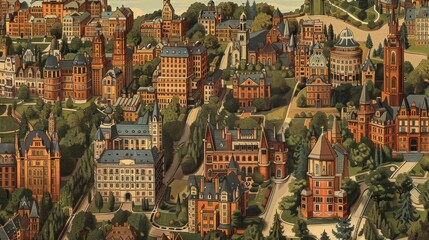 Obraz premium Aerial view of a historic university campus with numerous buildings and lush greenery.