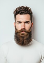 Fototapeta premium Young man with thick beard and curly hair wearing white sweater