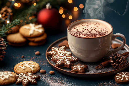 Eine Tasse Kakao mit Keksen und Dekoration, hei&szlig;e Schokolade zur Weihnachtszeit dekoriert mit weihnachtlichen Elementen