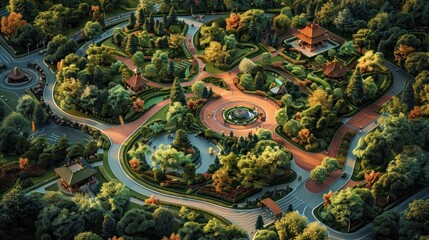 Fototapeta premium Aerial view of a serene park with winding paths, lush greenery, ponds, and traditional structures.