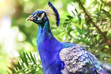 Obraz premium Vibrant peacock in lush greenery highlighting nature's beauty