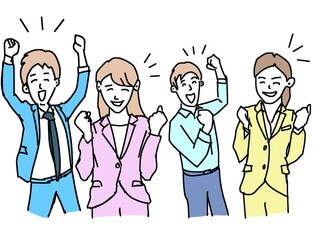 喜ぶスーツの男女