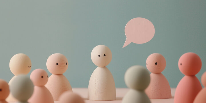 A wooden figure with a smile stands among others, with a dotted speech bubble, symbolizing communication, positivity, and individuality