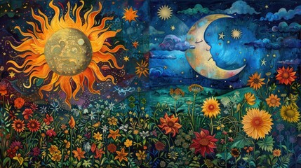 Day and night scene with sun, moon, and flowers.