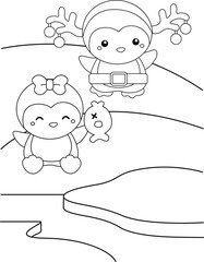 Cute Christmas Penguin Animal Winter Cartoon Holiday Coloring Activity for Kids and Adult