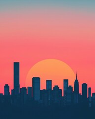 Fototapeta premium A vibrant sunset casts a warm glow over a city skyline, highlighting tall buildings against a gradient sky.