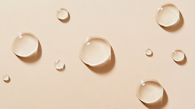 14.Top-down view of several water drops on a smooth pastel beige surface, each drop reflecting the soft ambient light. The minimalist design highlights the natural beauty of the droplets and the