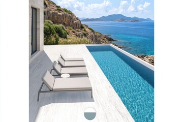 Fototapeta premium Minimalistic luxurious outdoor poolside with ocean view for relaxation and serenity