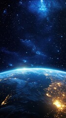 Obraz premium A stunning view of Earth illuminated at night, surrounded by a vast expanse of stars and galaxies, showcasing the beauty of our planet from space.