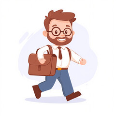 A cheerful cartoon of a professional man with a briefcase capturing the essence of work-life balance in urban life. On white background